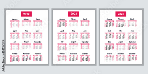 Calendar 2022, 2023, 2024. Vertical wall, calendar template. Design element for planner, diary. Highlighted holidays and memorable dates in the United States. New Year. Week starts on Sunday. Vector 