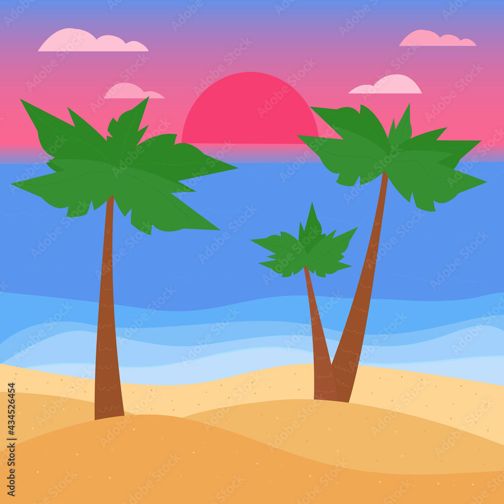 Sunset on the island. Palm trees on the sand against the backdrop of the sea and the setting sun. Relax on the beach at night. Evening by the ocean. Cute quick illustration. Vector, flat
