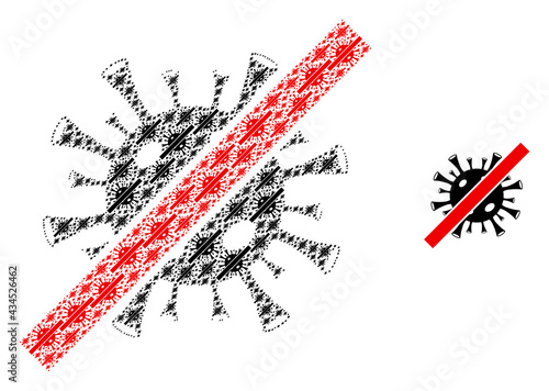 Forbidden coronavirus icon collage is composed of scattered fractal forbidden coronavirus parts. Recursive vector composition of forbidden coronavirus parts.