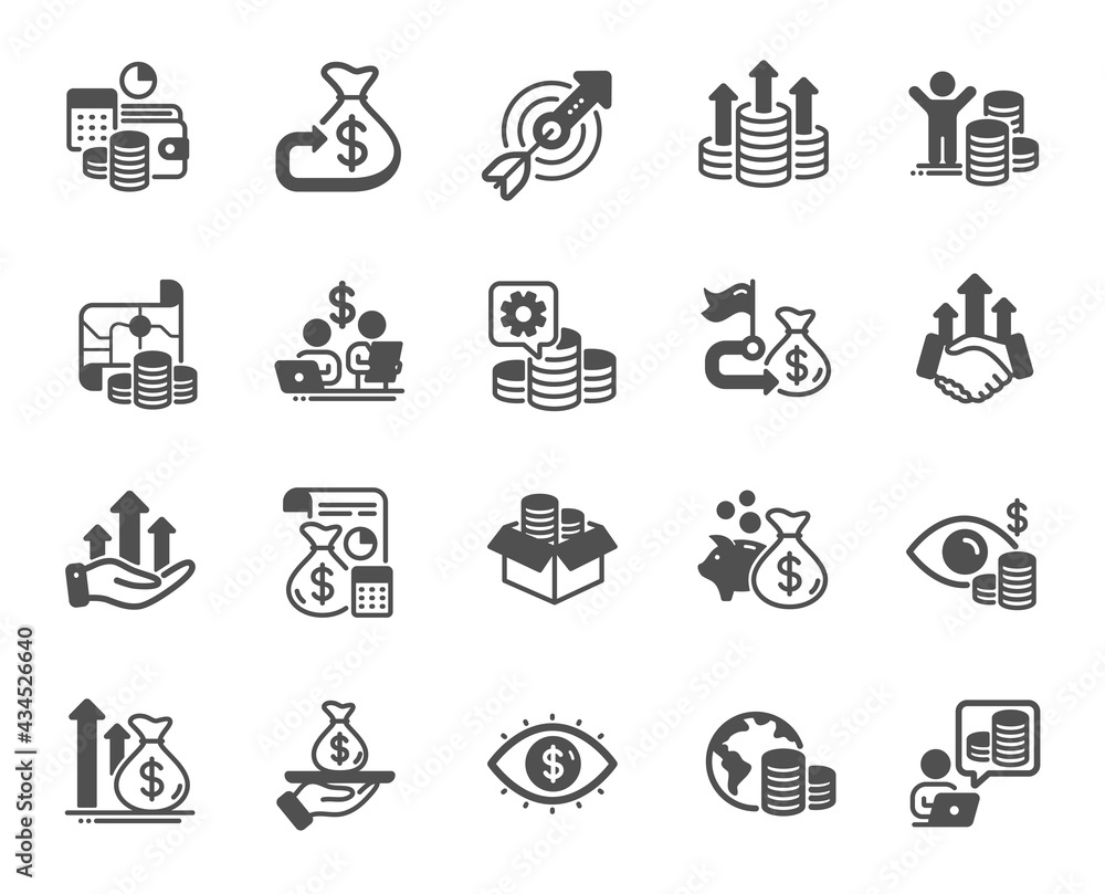 Finance simple icons. Accounting coins, Budget Investment, Trade Strategy icons. Finance management, Budget gain and Business asset. Money economy, Loan in dollars and Treasure map. Vector