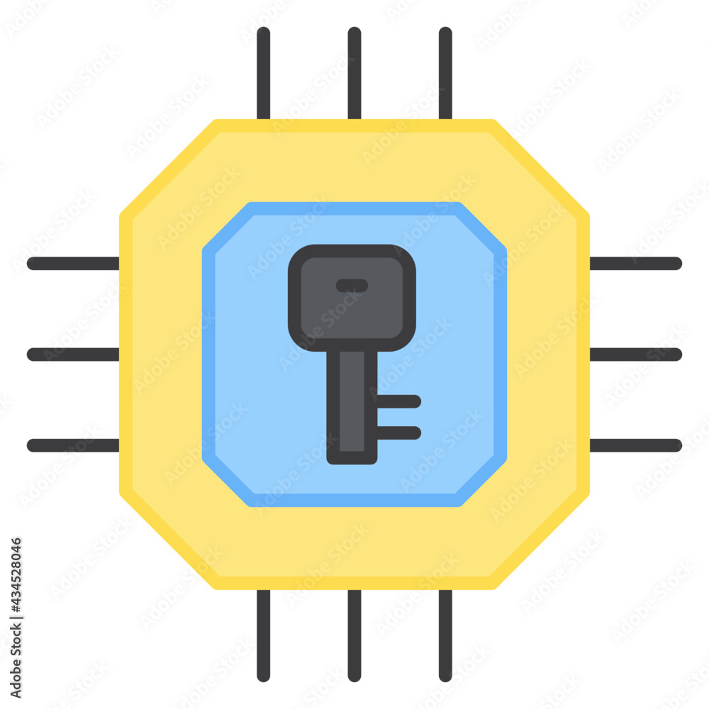 Key inside microchip, concept of chip encryption icon Key inside microchip, concept of chip encryption icon