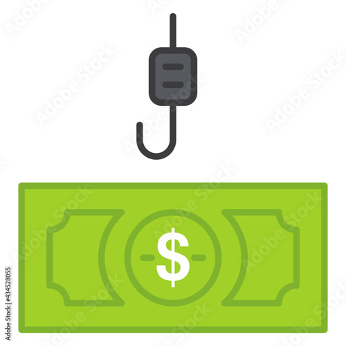 Hook with banknote, flat design of phishing money