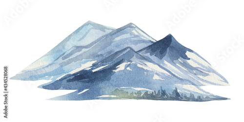 Watercolor element, fantasy mountain landscape. Similar to European mountain ranges. For decoration of design compositions on the theme of hiking, conquering peaks, tourism, wildlife.