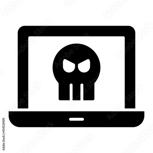 Skull inside system, concept of infected laptop icon

