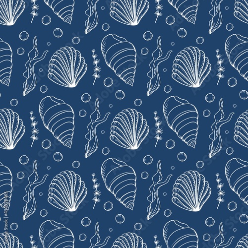Sea shell pearl line art seamless pattern. Summer time beach shell. Vector hand drawn seashell. Nature ocean sketch mollusk. Water marine exotic animal, Scallop underwater tropical cockleshell.
