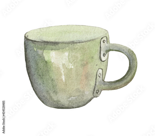 Watercolor element on white background, camping cup. Cutlery for drinking hot beverage on a long hike. For decoration of design compositions on the theme of tourism, hiking, outdoor vacations.
