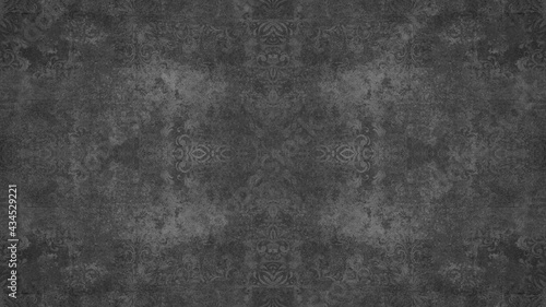 Old dark black anthracite gray grey vintage shabby patchwork damask ornate motif tiles stone concrete cement wall wallpaper texture background