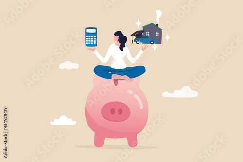 Personal finance money management, expense, cost and budget calculation for education, housing mortgage or car loan concept, smart woman on piggy bank with calculator, house, car and graduate hat.