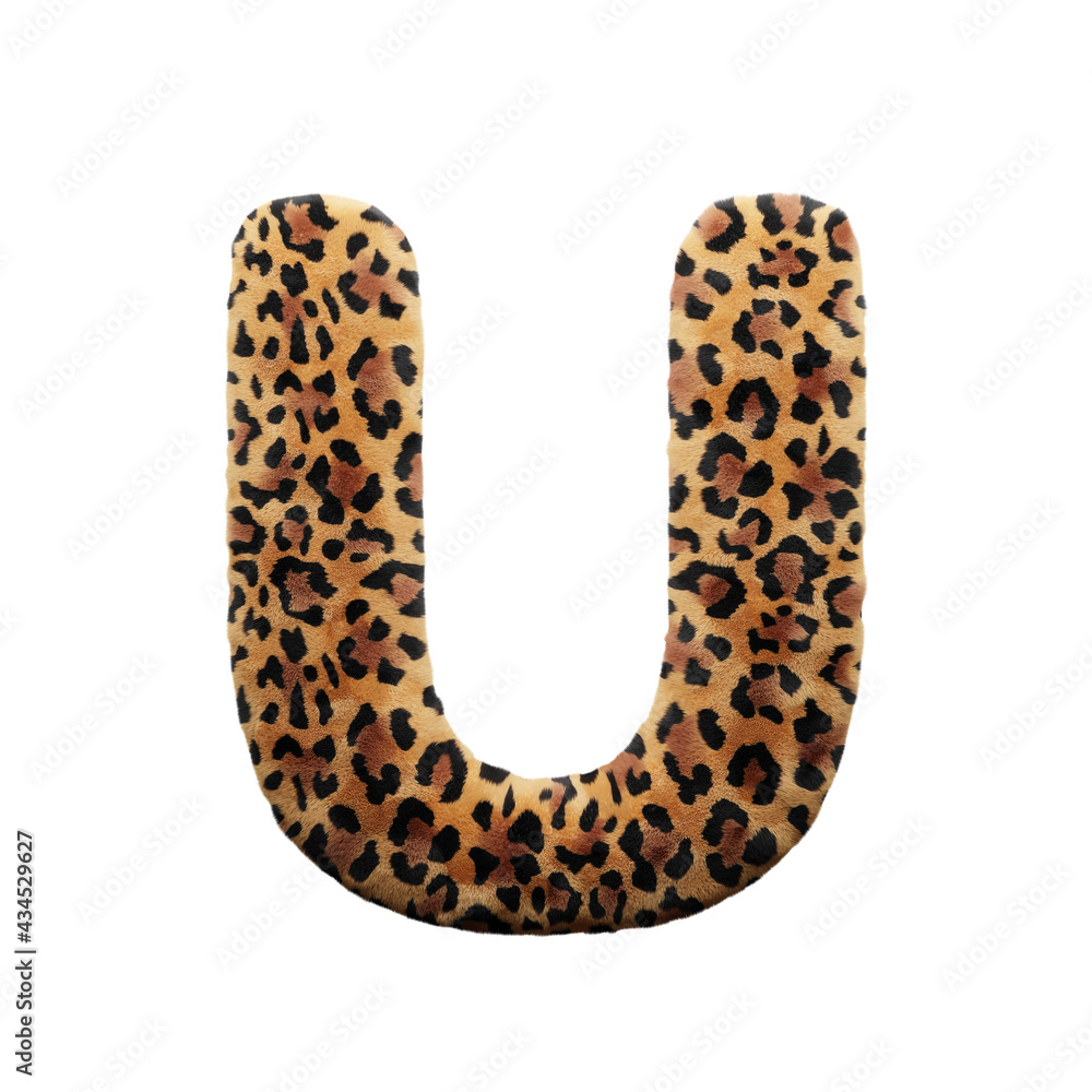 Leopard font letter U, leopard pattern, 3d render illustration Leopard font letter U, leopard pattern, 3d render illustration