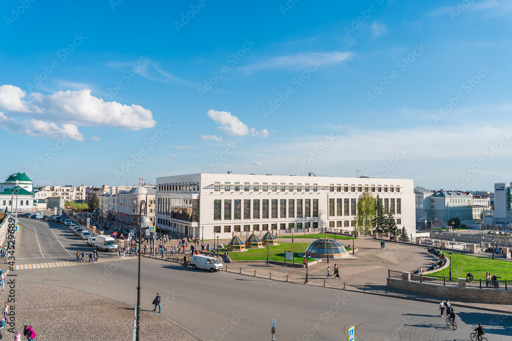 Panoramic views of Kazan from a height in summer. Kazan, Russia - 8 May 2021