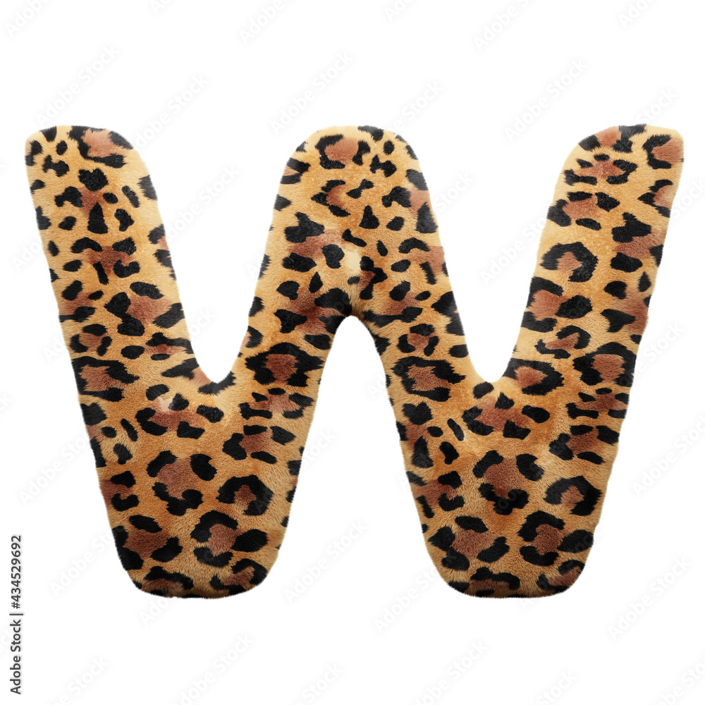 Leopard font letter W, leopard pattern, 3d render illustration Leopard font letter W, leopard pattern, 3d render illustration