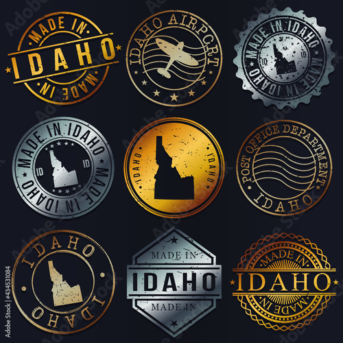 Idaho, USA Business Metal Stamps. Gold Made In Product Seal. National Logo Icon. Symbol Design Insignia Country.