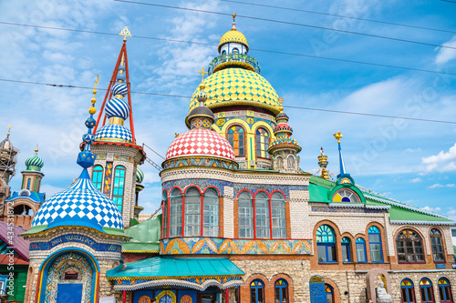 Colorful temple of all Religions in Kazan against the blue sky  Russia