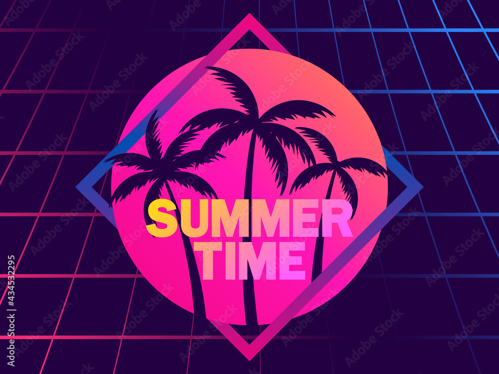 Summer time. 80s retro sci-fi palm trees on a sunset in a triangular frame.  Synthwave and retro wave style. Design for advertising brochures, banners,  posters, travel agencies. Vector illustration Stock-vektor | Adobe