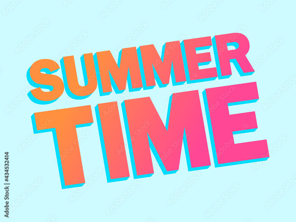 Summer time 3d gradient bold text. Horizontal composition with diagonal text on blue background. Design for advertising brochures, banners and posters. Vector illustration