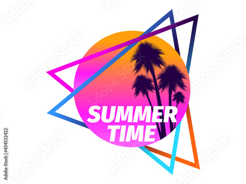 80s retro sci-fi palm trees on a sunset isolated on white background. Retro futuristic sun with palm trees. Summer time. Synthwave and retrowave style logo. Vector illustration