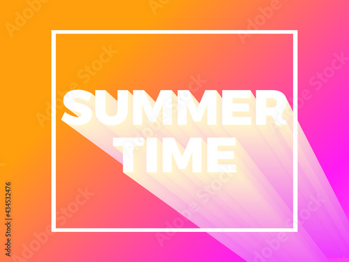 Summer time text in frame on gradient background. Yellow and pink gradient color. 80s retro sci-fi 3D text. Design for advertising brochures, banner and poster. Vector illustration
