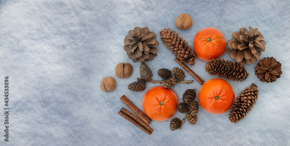 winter scents. cones, tangerines, cinnamon in the snow. Christmas New Year Greeting Card .Poster. Banner .Template. winter scents. cones, tangerines, cinnamon in the snow. Christmas New Year Greeting Card .Poster. Banner .Template.
