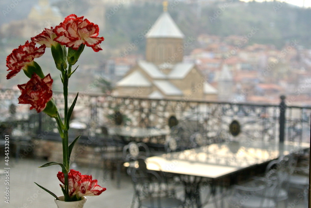 Carnation flower in focus on the left. The background is blurred. View of the summer terrace of the restaurant and the old town in Tbilisi, Georgia Carnation flower in focus on the left. The background is blurred. View of the summer terrace of the restaurant and the old town in Tbilisi, Georgia