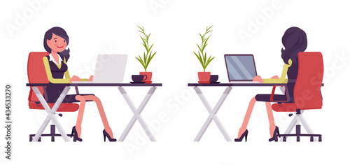 Businesswoman in secretary office dress working with laptop at desk. Successful female manager, young entrepreneur, or owner. Vector flat style cartoon illustration isolated on white background