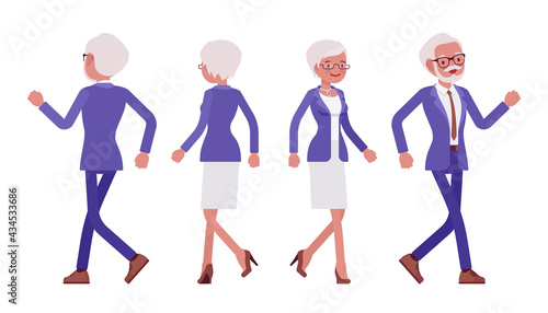 Handsome old man, woman, elderly businesspeople in elegant suit walking. Bossy senior manager, gray haired persons above 50 years. Vector flat style cartoon illustration isolated on white background