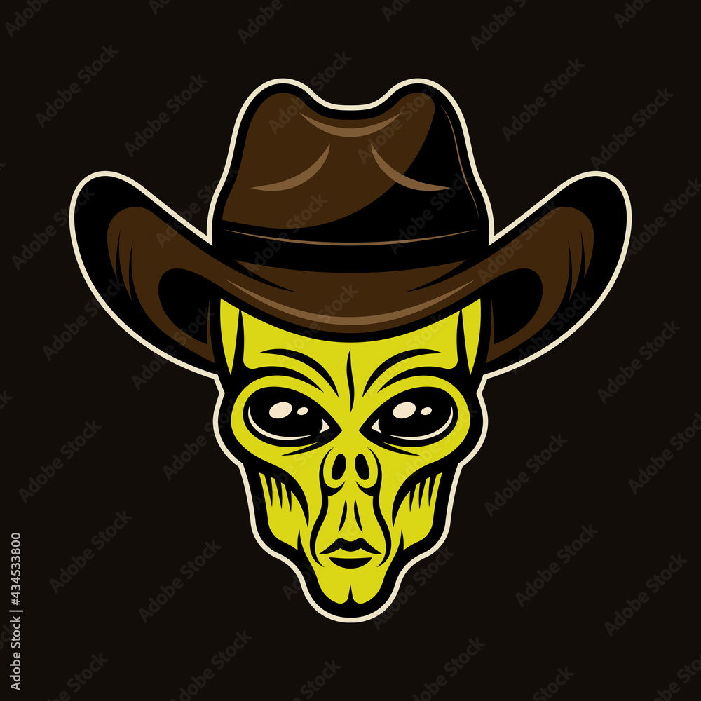 Alien head in cowboy hat vector illustration in colorful cartoon style isolated on dark background