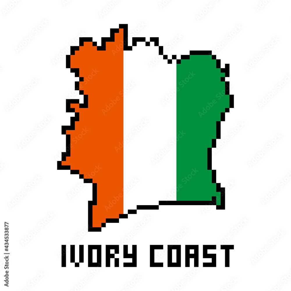 Fototapeta premium Ivory Coast (Republic of Côte d'Ivoire) 8 bit pixel art african country map with flag isolated on white background. Old school vintage retro 80s, 90s video game graphics. Slot machine design element.