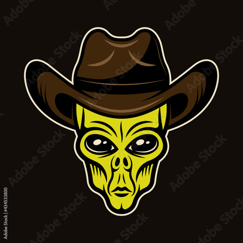 Alien head in cowboy hat vector illustration in colorful cartoon style isolated on dark background
