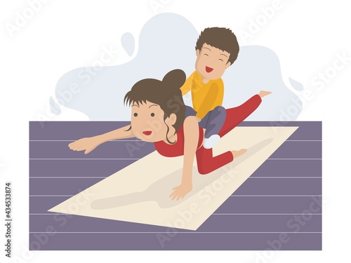 Child playing on mother's back while she's doing yoga exercise, playful kid ride mommy's back