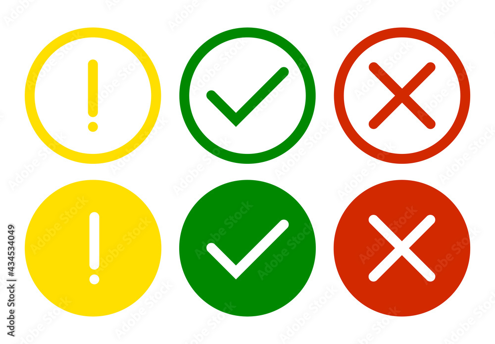 Set of flat round check mark, exclamation point, X mark icons, buttons on white background.Green red yellow vector circle symbols. Red check mark icon vector.Stock vector. Vector illustration Set of flat round check mark, exclamation point, X mark icons, buttons on white background.Green red yellow vector circle symbols. Red check mark icon vector.Stock vector. Vector illustration