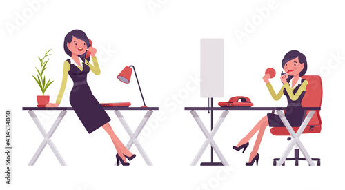Businesswoman in secretary office dress chatting on phone, applying makeup. Successful female manager, young entrepreneur, or owner. Vector flat style cartoon illustration isolated on white background