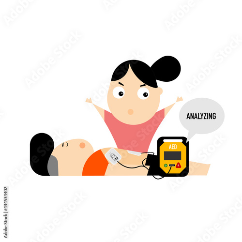 A woman is using an AED to help a unconscious man. A AED analyzed a heart rhythms phase.