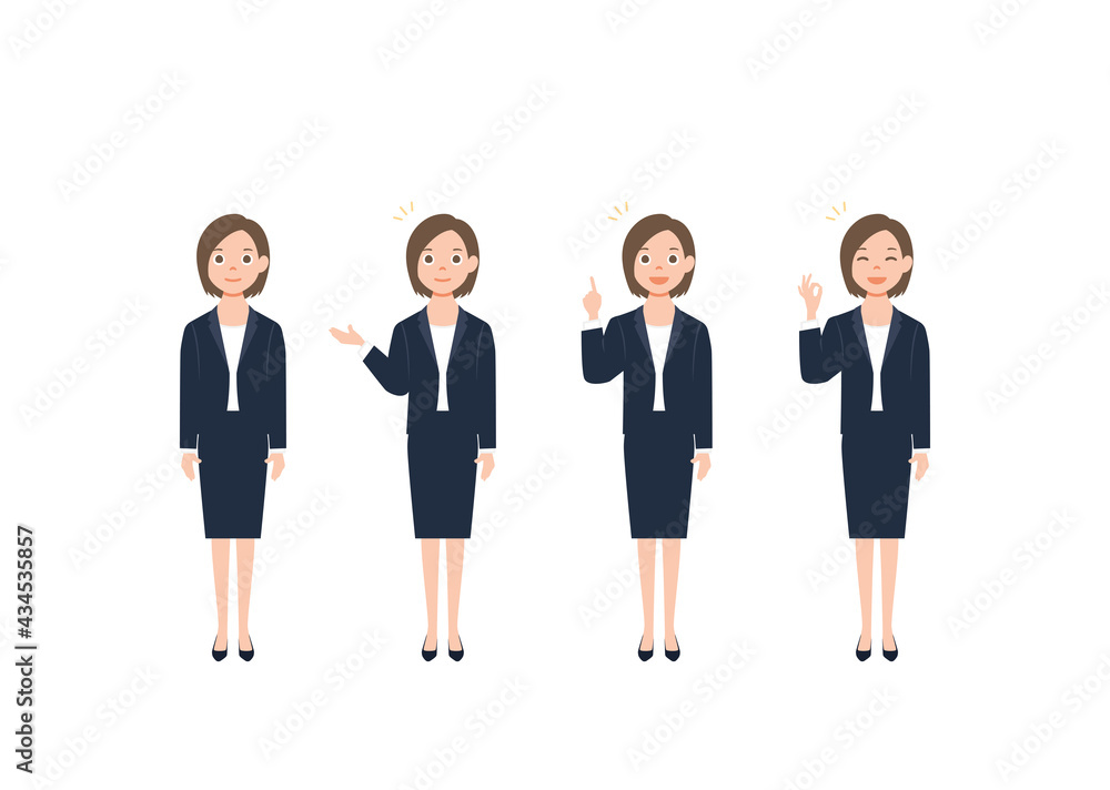 Business woman set with professional young female employee or teacher standing in different gestures and pose. Isolated on white background. Colorful vector illustration in flat style Business woman set with professional young female employee or teacher standing in different gestures and pose. Isolated on white background. Colorful vector illustration in flat style