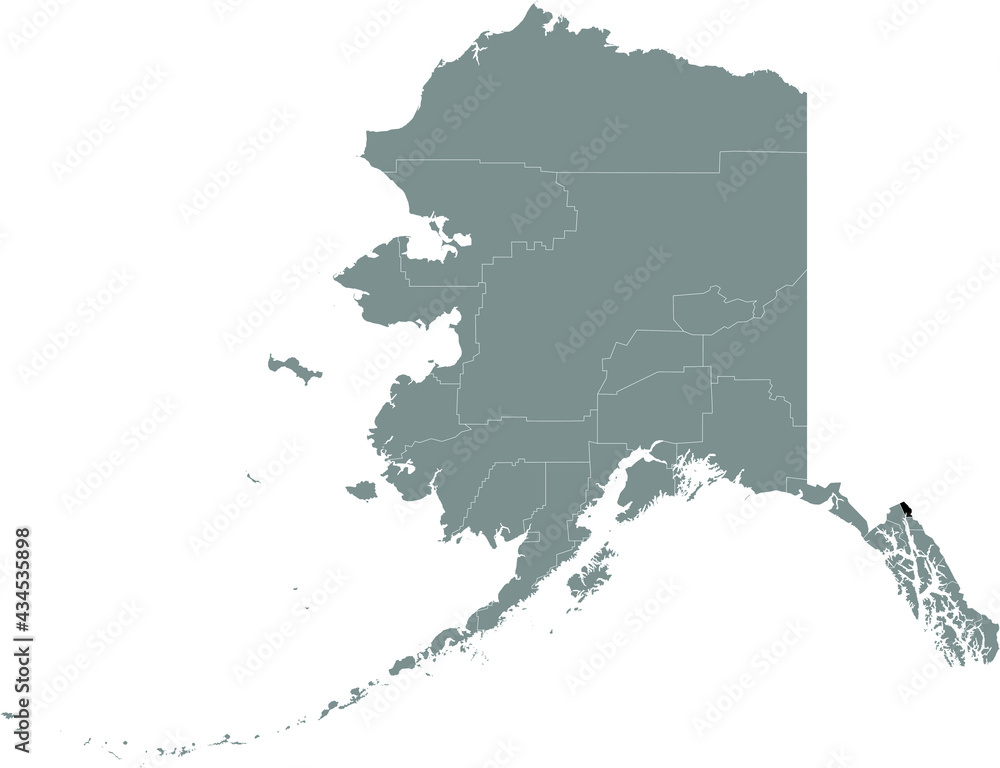 Black highlighted location map of the US Skagway city-borough inside gray map of the Federal State of Alaska, USA