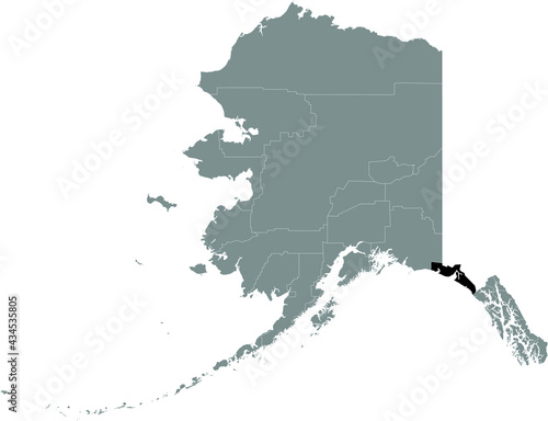 Black highlighted location map of the US Yakutat city-borough inside gray map of the Federal State of Alaska, USA