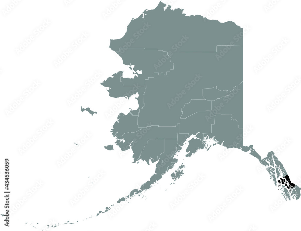 Black highlighted location map of the US Petersburg borough inside gray map of the Federal State of Alaska, USA