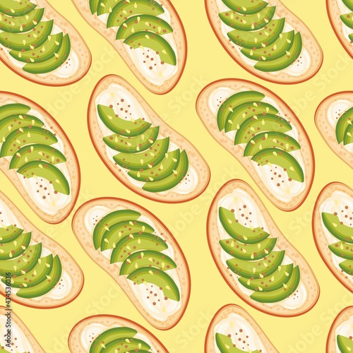 Bruschetta with avocado. White bread sandwiches seamless pattern. Vector food illustration.