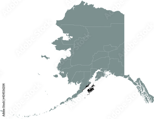 Black highlighted location map of the US Kodiak Island borough inside gray map of the Federal State of Alaska, USA