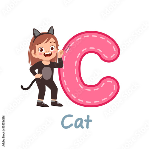 cute little kid wear costume for learn alphabet