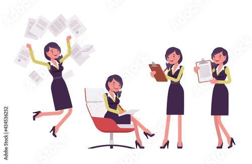 Attractive businesswoman, woman in secretary pencil office dress with paper. Successful female manager, young entrepreneur, or owner. Vector flat style cartoon illustration isolated, white background