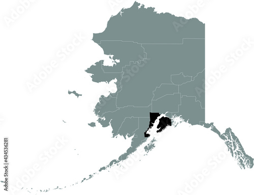Black highlighted location map of the US Kenai Peninsula borough inside gray map of the Federal State of Alaska, USA
