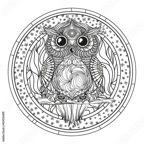 Mandala. Zentangle owl. Hand drawn circle zendala with abstract patterns on isolation background. Design for spiritual relaxation for adults. Line creation. Black and white illustration for coloring