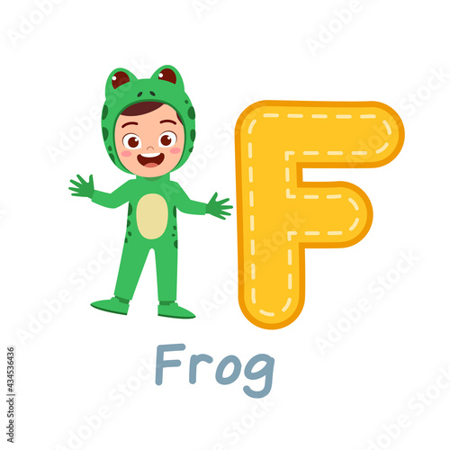 cute little kid wear costume for learn alphabet