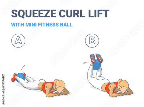 Girl Doing Squeeze Curl and Lifts with Medicine Ball Home Workout Exercise Guidance Illustration.