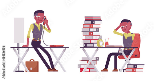 Black businessman, office man working, busy exhausted with paperwork. Successful manager, young entrepreneur executive, or owner. Vector flat style cartoon illustration isolated on white background
