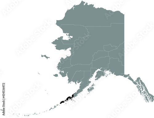 Black highlighted location map of the US Aleutians East borough inside gray map of the Federal State of Alaska, USA