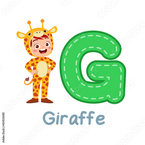 cute little kid wear costume for learn alphabet