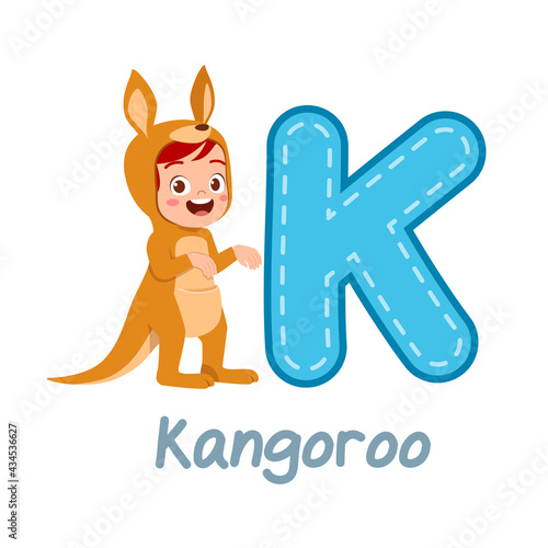 cute little kid wear costume for learn alphabet