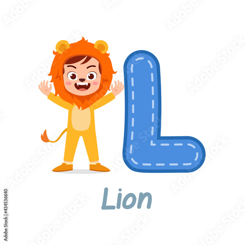 cute little kid wear costume for learn alphabet