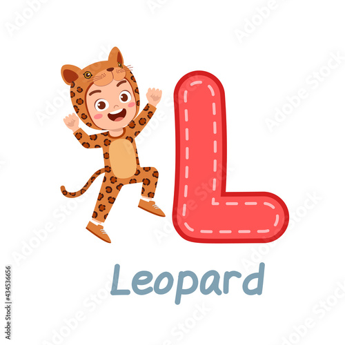 cute little kid wear costume for learn alphabet